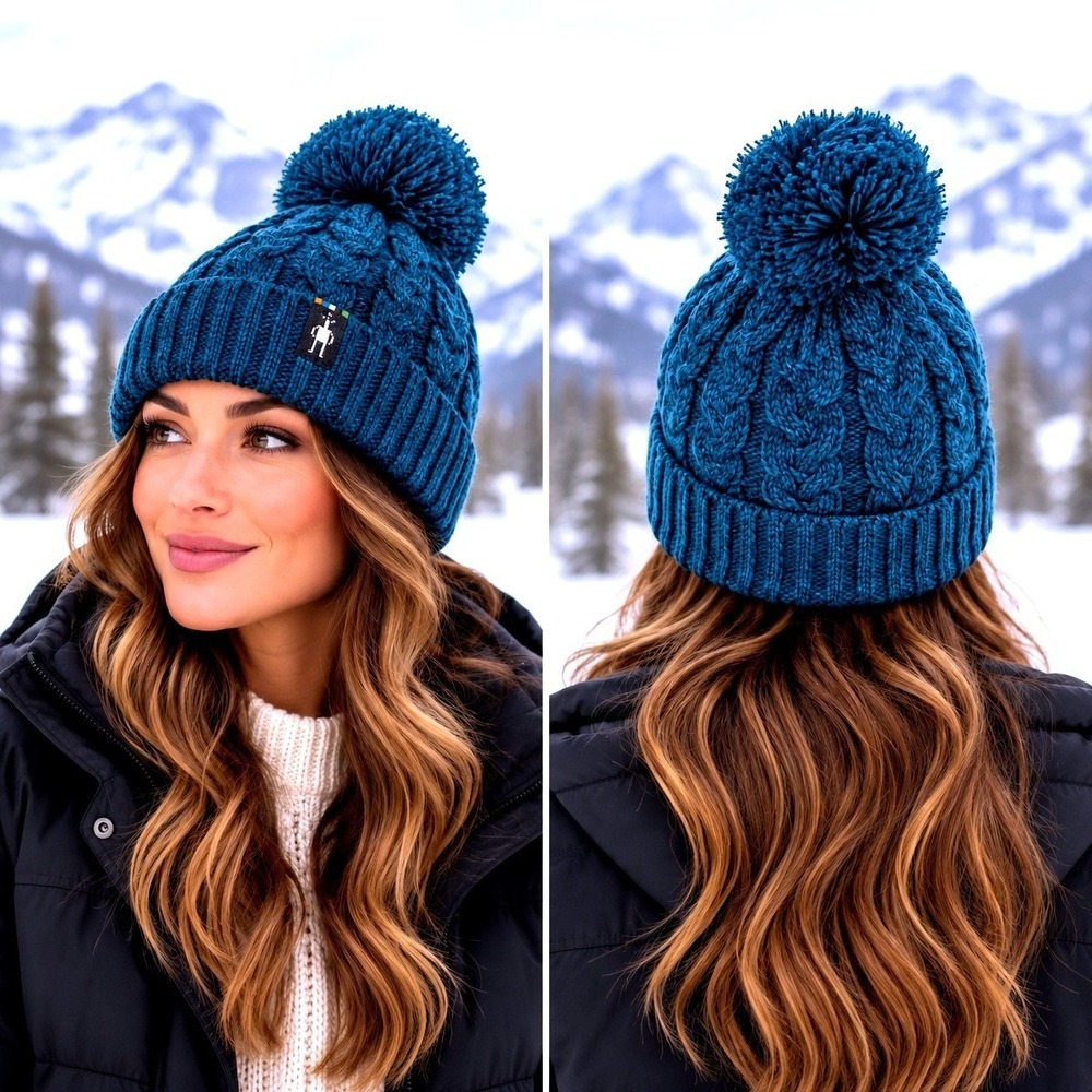 Smartwool Ski Town Hat Merino Wool Pom Beanie Cable Knit Unisex OS Teal Blue